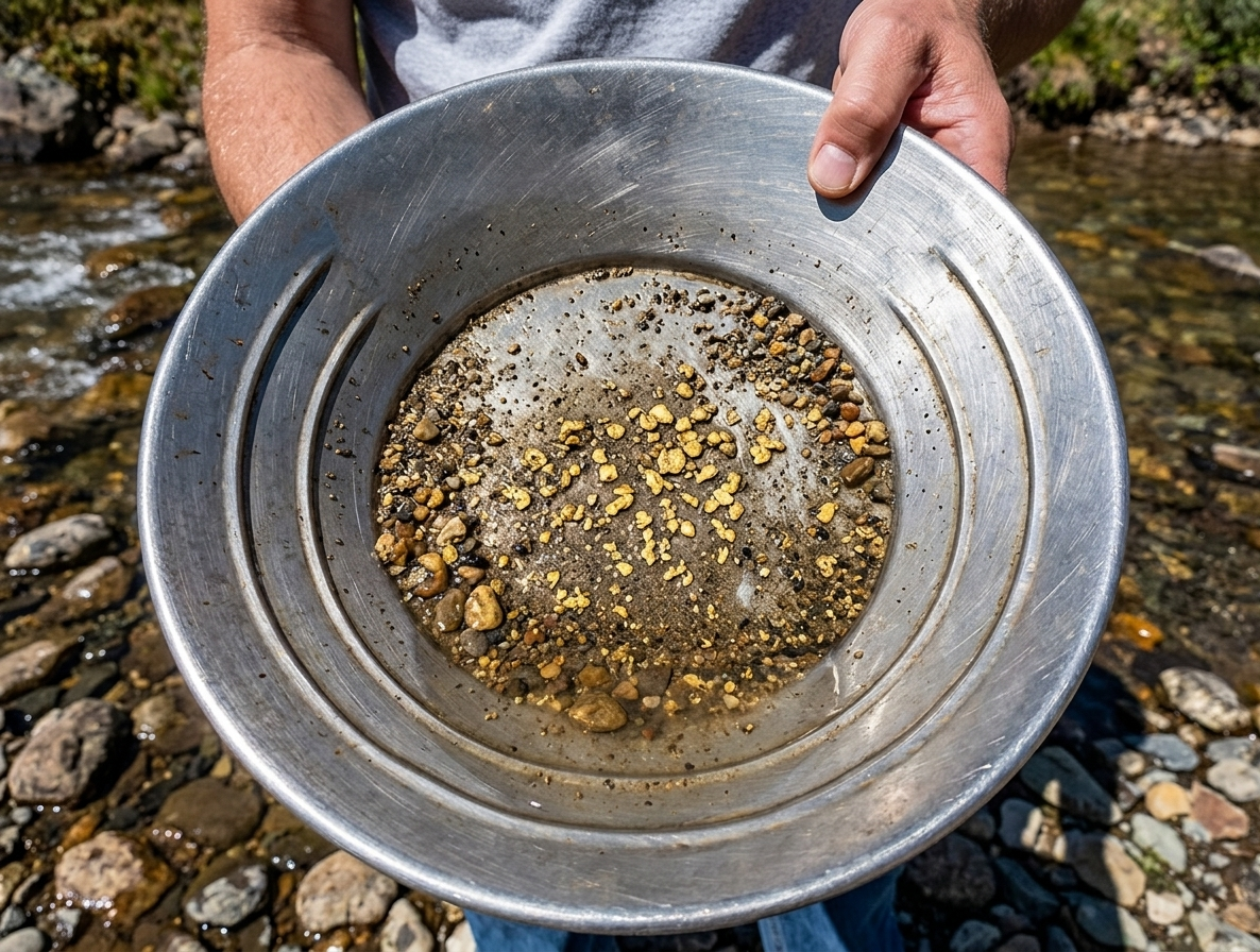 Bateo de oro en río con batea tradicional