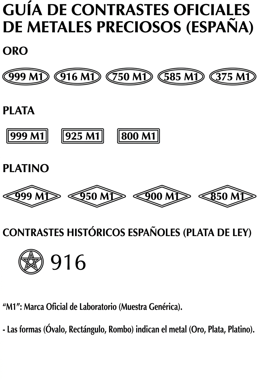 Ejemplos de contrastes y punzones de pureza en joyas de oro