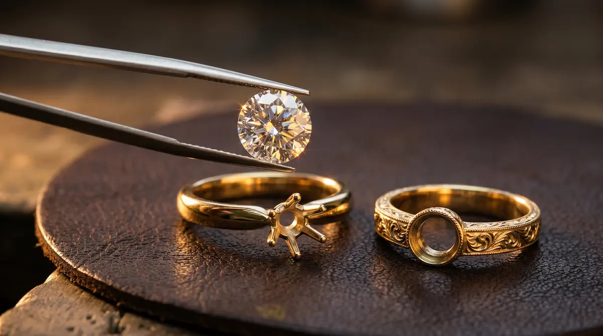 Pinzas de joyero desmontando un brillante de un anillo de oro con engaste de grapas vacío